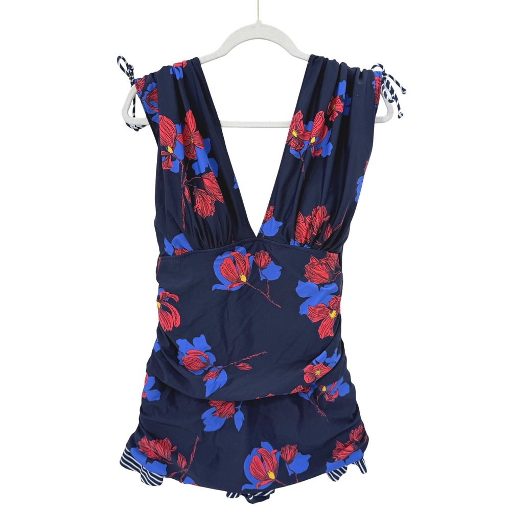 Mazu Swim Womens 20W Floral One Piece Swimsuit Navy Blue Red V-Neck Ruched NEW